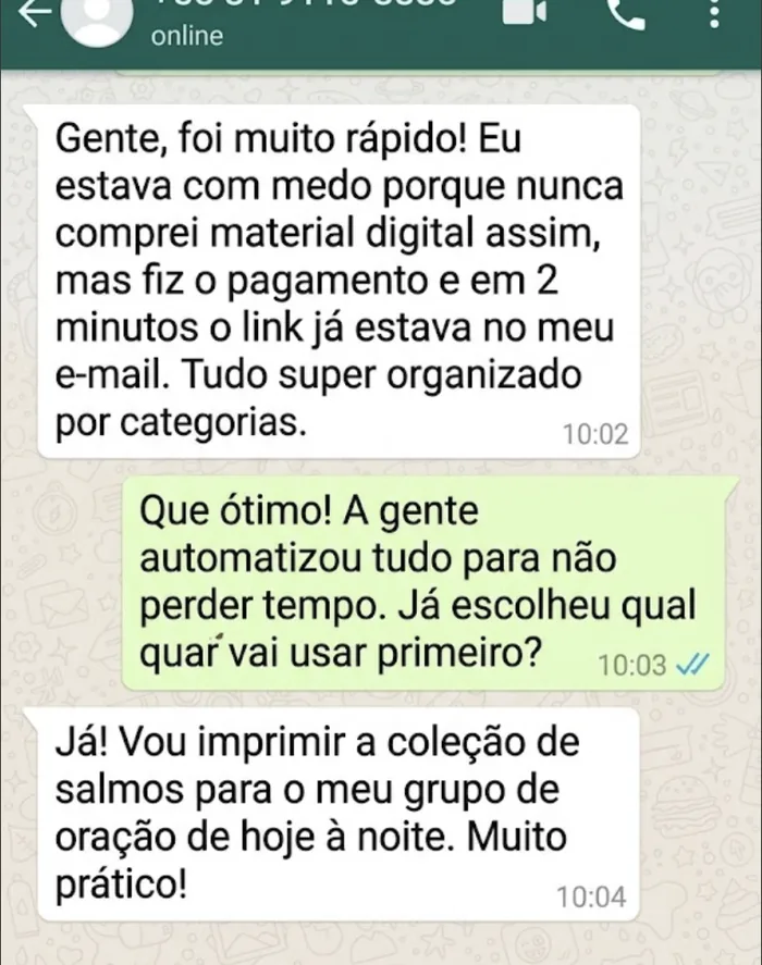 Print de conversa no WhatsApp com avaliação de cliente sobre os marcadores católicos (2)