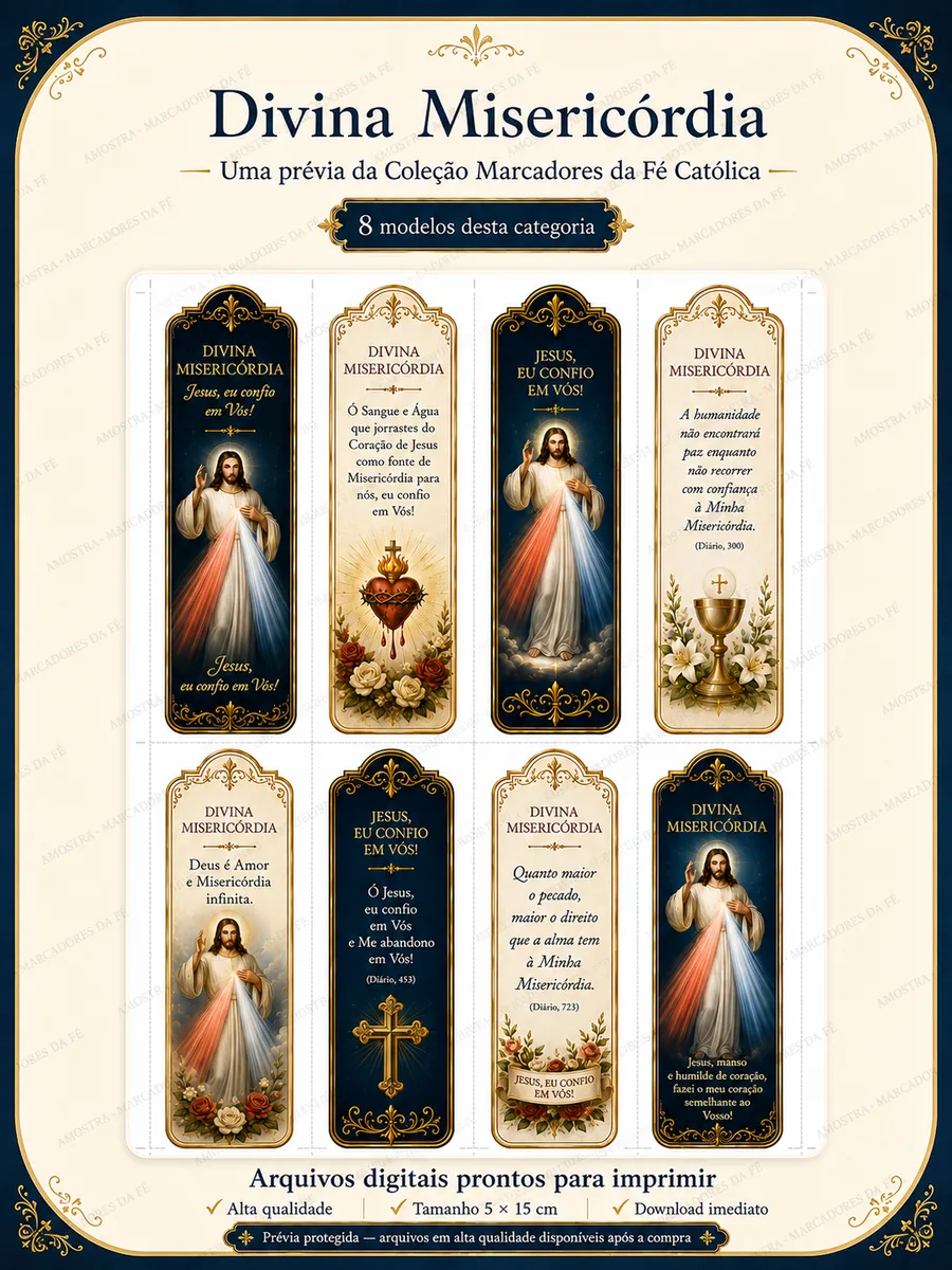 Marcadores católicos da Divina Misericórdia com a frase Jesus, eu confio em Vós