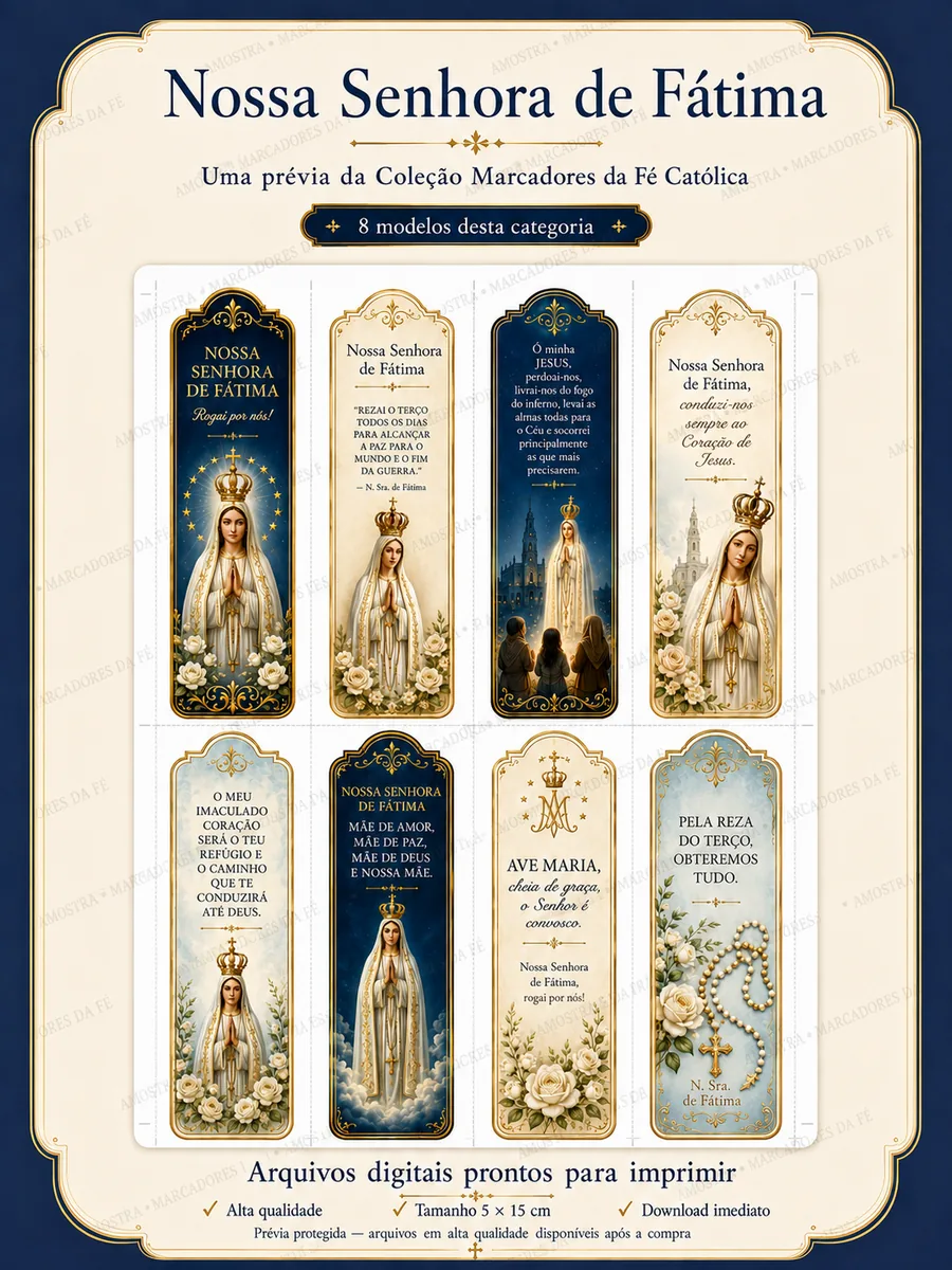 Marcadores católicos com imagens e orações de Nossa Senhora de Fátima
