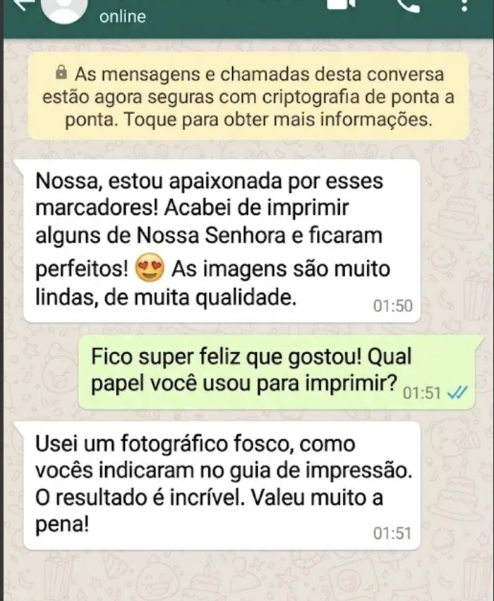 Print de conversa no WhatsApp com avaliação de cliente sobre os marcadores católicos (1)