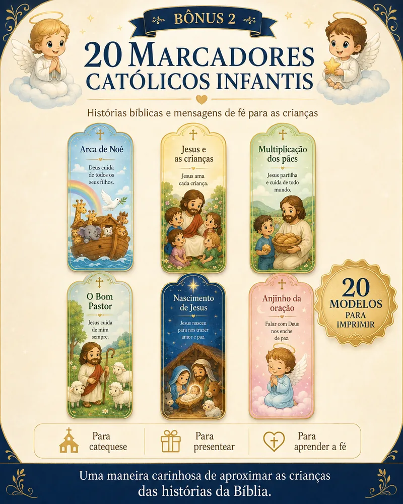 Capa dos 20 Marcadores Católicos Infantis com anjinhos e modelos coloridos