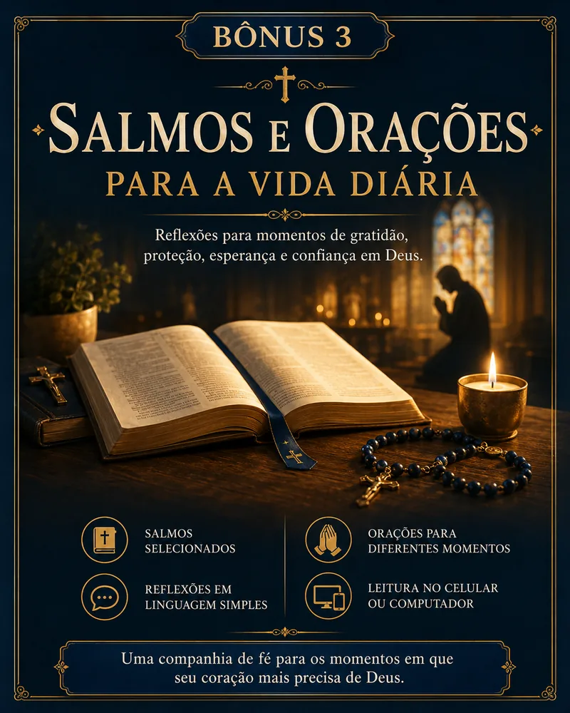 Capa do material de Salmos e Orações para a Vida Diária com Bíblia aberta, terço e vela acesa