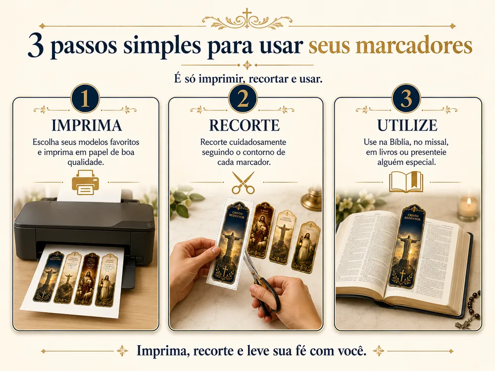 Infográfico com 3 passos simples para usar os marcadores: imprima, recorte e utilize