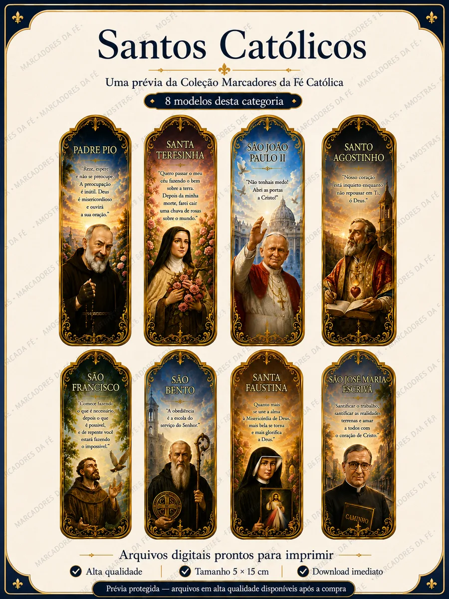 Marcadores católicos com santos como Padre Pio, Santa Teresinha e São João Paulo II