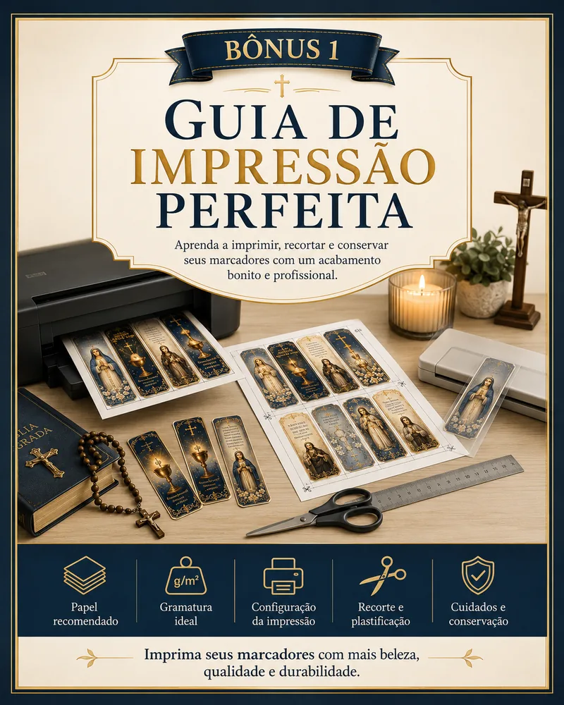 Capa do Guia de Impressão Perfeita com impressora, marcadores impressos e crucifixo
