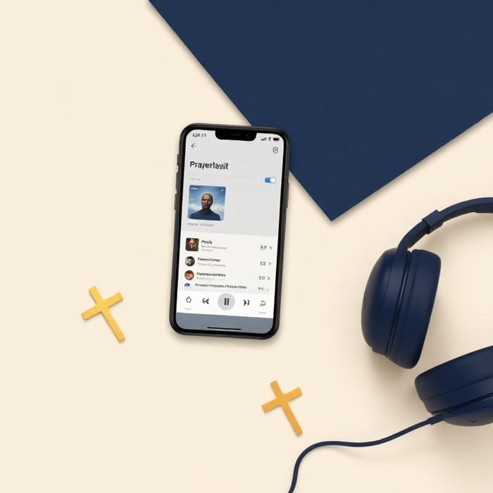 Celular exibindo uma playlist ao lado de fones de ouvido e pequenas cruzes douradas