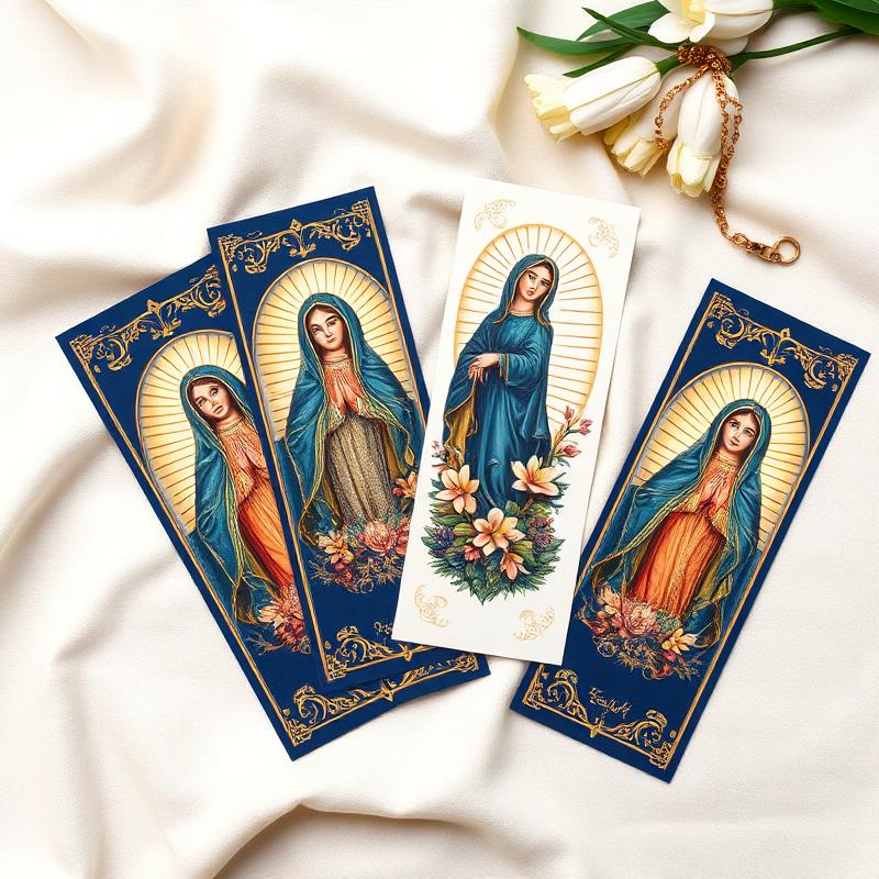 Marcadores impressos com imagens de Nossa Senhora em azul marinho e dourado