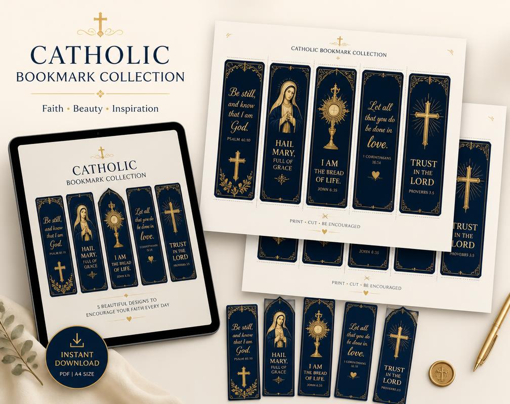 Mockup do produto digital com folhas A4 impressas e marcadores católicos em azul marinho e dourado