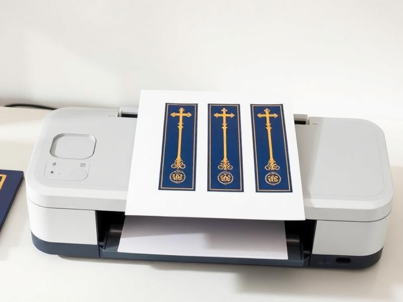 Impressora imprimindo uma folha A4 com marcadores católicos em azul e dourado